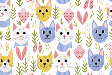 Pattern of cute cat faces with various plants and abstract elements.