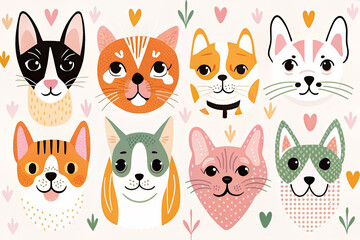 Colorful pattern of various cat faces on a blue background.