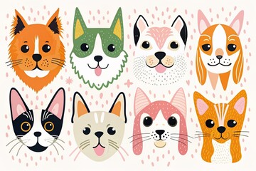 Obraz premium Colorful pattern of various cat faces on a blue background.