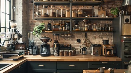 A coffee lover's dream: a kitchen counter filled with coffee-making gadgets and accessories.
