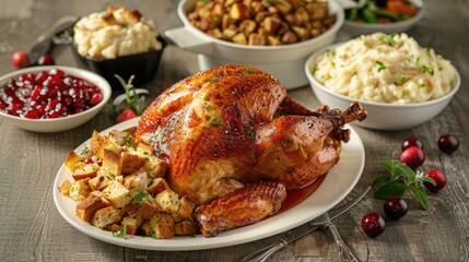 Thanksgiving dinner spread featuring roast turkey, mashed potatoes, stuffing, and cranberry sauce on a festive table.