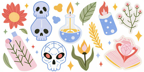 Magical themed stickers with skulls, candles, and potion bottles on a blue background.