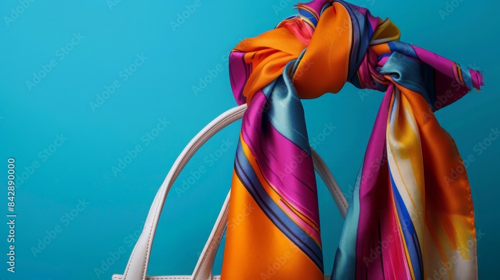 Poster a colorful scarf, tied around the handle of a handbag, adding a splash of personality