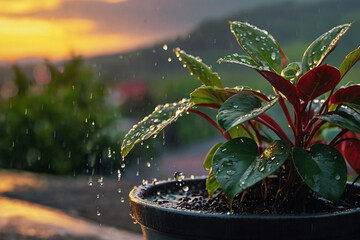 Water droplets falling onto Small Plant in the spring rain outside, serene background, blurred mountain backdrop
