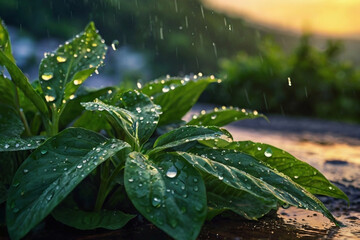 Close-Up Foliage being rained on in a home garden, agriculture project, against Scenic background