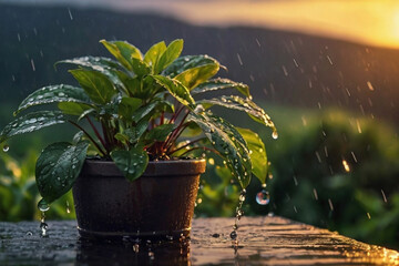 Small Potted Plant in a home garden getting rained on, focused image of ecology and agriculture