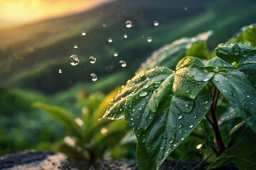 Rain falling onto a houseplant leaves, ecology and agriculture project, scenic mountains in spring