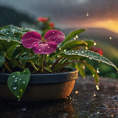 Beautiful Potted flowers in the Rain, focused image of flora with water droplets in spring against background of a sunset over rolling hills 