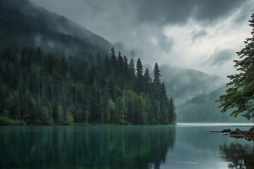  Lake Surrounded by a Dense Forest with tall and lush trees, misty mountains, and tranquil water