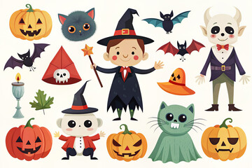 Cute Halloween-themed illustration with characters like a witch, bats, pumpkins, and more on a light background.