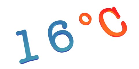 Numeral sixteen with a blue Celsius degree sign on a white background isolate. Temperature, weather, thermometer.