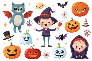 Cute Halloween-themed illustration with characters like a witch, bats, pumpkins, and more on a light background.