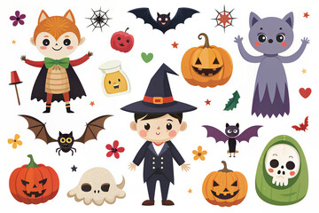 Cute Halloween-themed illustration with characters like a witch, bats, pumpkins, and more on a light background.