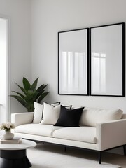 Two mockup frames in minimalist living room interior background, home interior mockup, frame mockup
