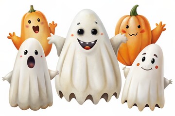 Group of cute cartoon ghosts with various expressions on a white background.