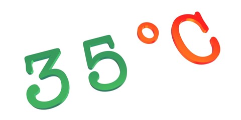 Numeral thirty five with a green Celsius degree sign on a white background isolate. Temperature, weather, thermometer.