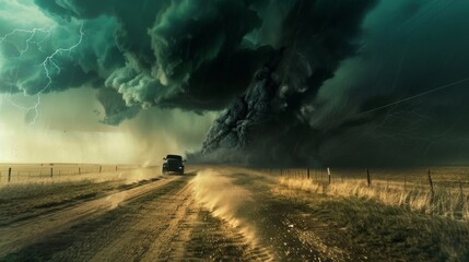 A dramatic apocalyptic scene with a massive tornado engulfing the horizon, set against a stormy sky with lightning, portraying nature's fierce power.