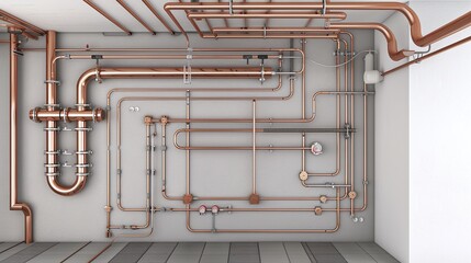 Modern plumbing service with copper pipeline for boiler room heating system. Concept Plumbing Service, Copper Pipeline, Boiler Room, Heating System, Modern Technology