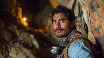 Fototapeta premium portrait of a male mexican archeologist at a cave with ancient pictographs, fieldwork, discovering anthropological history