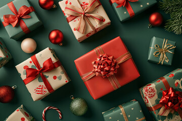 Christmas and New Year gifts concept. Gift boxes with bows and New Year's decor and Christmas toys. View from above. Postcard. Banner with many gift boxes. Christmas background.