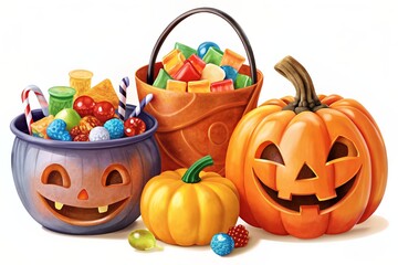 Festive illustration of Halloween treats and pumpkins, including a jack-o'-lantern bucket filled with colorful candies.