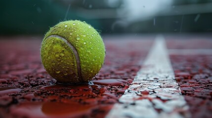 Close-up of a tennis ball on a textured court surface during sunset, highlighting the spirit of the game under enchanting evening light.

