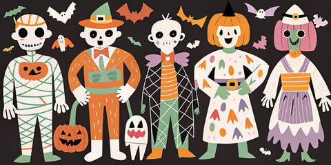 Whimsical illustration of children dressed in various Halloween costumes, standing together with bats and pumpkins on a dark background.