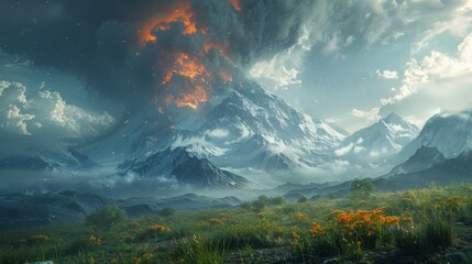 A dramatic digital artwork showcasing an erupting volcano with vibrant lava flows and a stormy sky, set in a surreal mountainous landscape.
