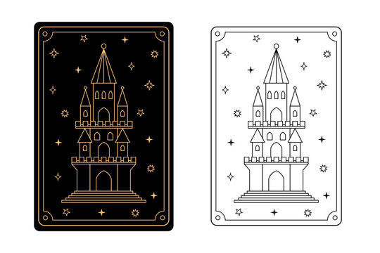Tarot card tower. The major arcana of a deck of cards.