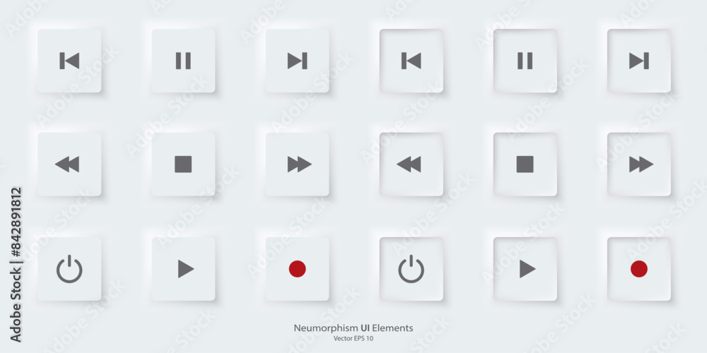 Fototapete A set of white square buttons with music play symbols. Play music icon. 3D Neumorphism design style for Websites, Interfaces, and mobile apps. UI UX. Vector illustration.