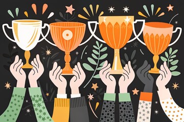 Colorful illustration of people holding up various trophies, celebrating achievement and success with decorative elements.