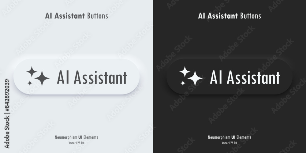 Aufkleber AI Assistant sign. A set of black and white buttons with AI assistant symbols. Icon in trendy neumorphic style. 3D Neumorphism design style for Apps, Websites, Interfaces, and mobile app. UI Ux.