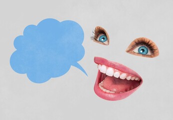 Collage creative illustration open speak 
 mouth communication