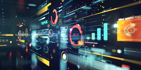 Data Analytics Dashboard Display, Modern Business Analytics Interface, Futuristic Digital Dashboard Showcasing Business Metrics and Analytics on a Corporate Interface