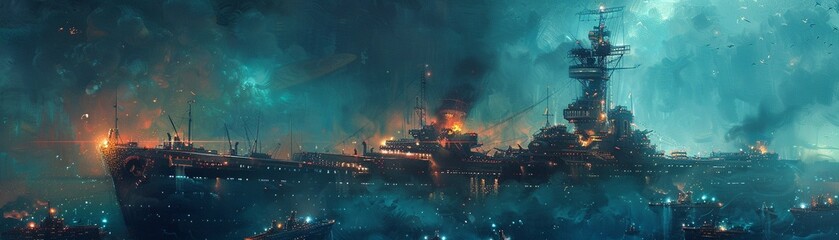 Industrial ships and underwater technology in a futuristic ocean landscape, highlighting marine innovation, Futuristic, Digital Art, Cool Colors, Intricate 8K , high-resolution, ultra HD,up32K HD