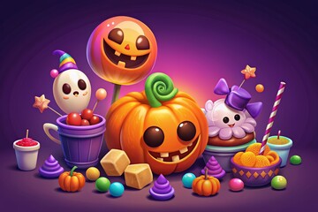 Halloween-themed candy display with colorful sweets, jack-o'-lanterns, and various treats.