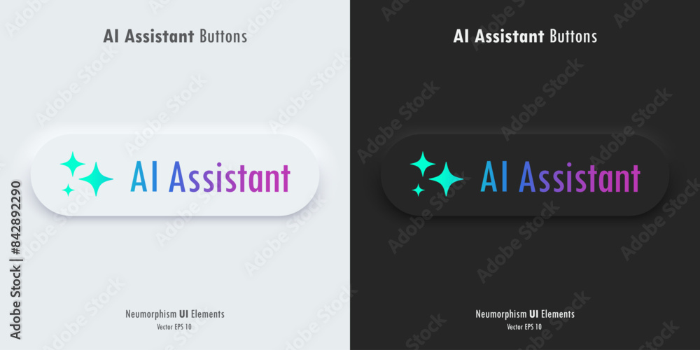 Poster AI Assistant sign. A set of black and white buttons with AI assistant symbols. Icon in trendy neumorphic style. 3D Neumorphism design style for Apps, Websites, Interfaces, and mobile app. UI Ux.