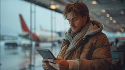 Casual Young Man Using Tablet and Smartphone at the Airport