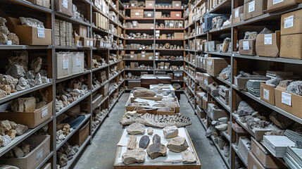 Fototapeta premium Storage room with cataloged fossils with labeled boxes and containers. Archeology career, anthropological finds, archeologist fieldwork material