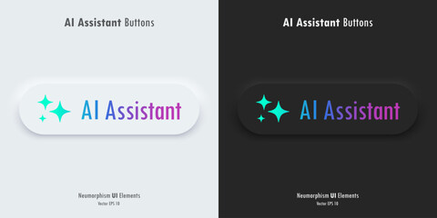 AI Assistant sign. A set of black and white buttons with AI assistant symbols. Icon in trendy neumorphic style. 3D Neumorphism design style for Apps, Websites, Interfaces, and mobile app. UI Ux.