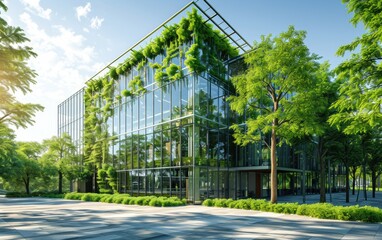 Obraz premium Innovative green architecture eco-friendly office building with glass windows and integrated vegetation for sustainability