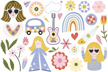 Colorful and vibrant illustration with hippie-themed elements including flowers, rainbows, guitars, and peace symbols.