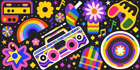 Bright and vibrant illustration featuring retro elements like a boombox, rainbows, flowers, and musical notes on a black background.