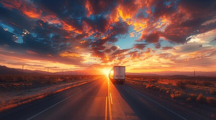 Obraz premium A vibrant sunrise scene featuring a red truck driving on a fog-covered highway, symbolizing travel and logistics.