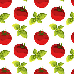 Seamless pattern, background with ripe red juicy tomatoes and basil leaves. Red tomato, cherry tomato. Basil. For textiles, illustrations, packaging paper, printing about natural vitamins, healthy eat