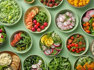 A variety of snacks in green plates served on a table with a green tablecloth. The plates contain greens and cheeses, pickled vegetables. View from above