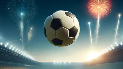 Fototapeta premium soccer ball flying over illuminated festive stadium with fireworks in the background