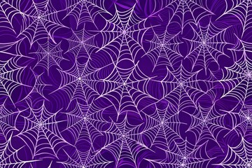 Purple background with detailed white spiderwebs creating a vibrant and spooky halloween pattern.
