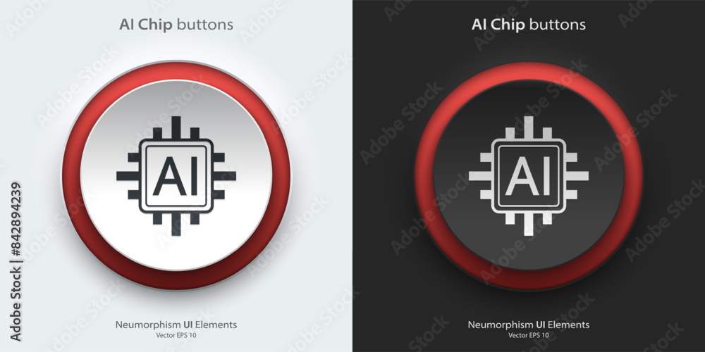 Poster AI chip sign. A set of black and white round buttons with AI chip symbols. Icon in trendy neumorphic style. 3D Neumorphism design style for Apps, Websites, Interfaces, and mobile app. UI UX.