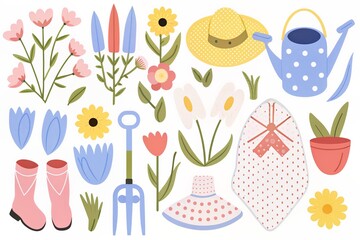 Colorful gardening tools and flowers on a dark background.
